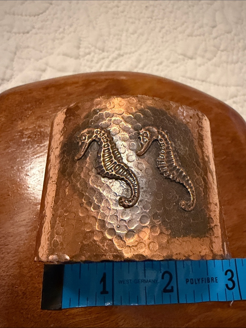 Cuff Bracelet Sea Horses, Copper Tone Finish, Textured Metal, Bevel Edge Detail - Picture 7 of 9